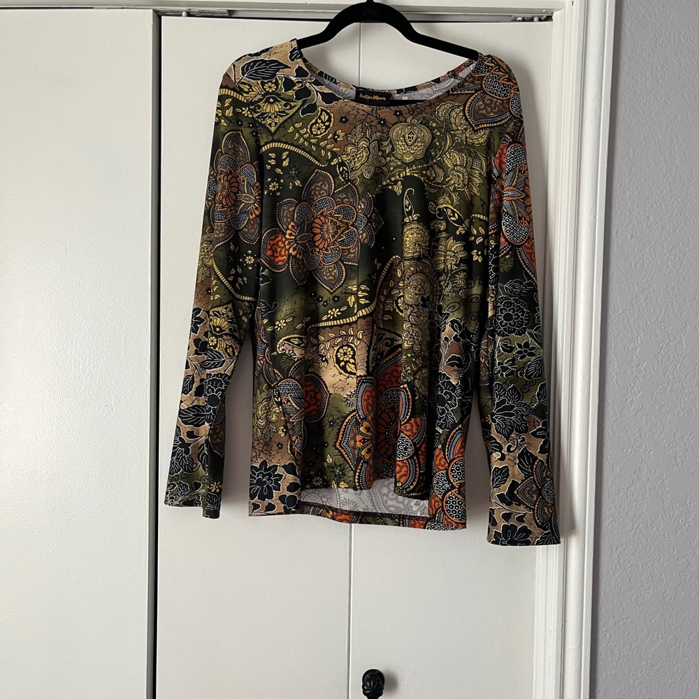 Indigo Moon Floral‎ Print Long Sleeve Top Multicolor Paisley Bohemian
